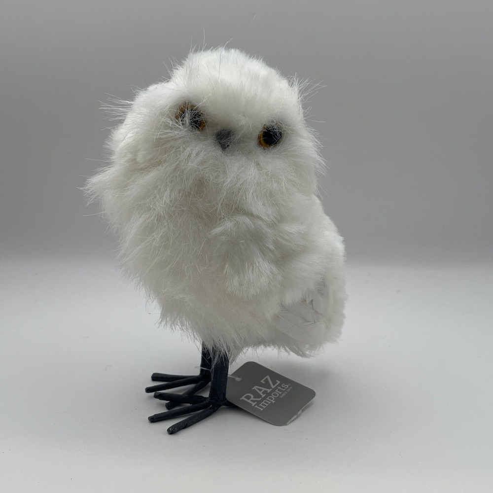 Raz Imports White Fuzzy Owl Figurine Standing Winter Woodland Decor 6.5 Inch